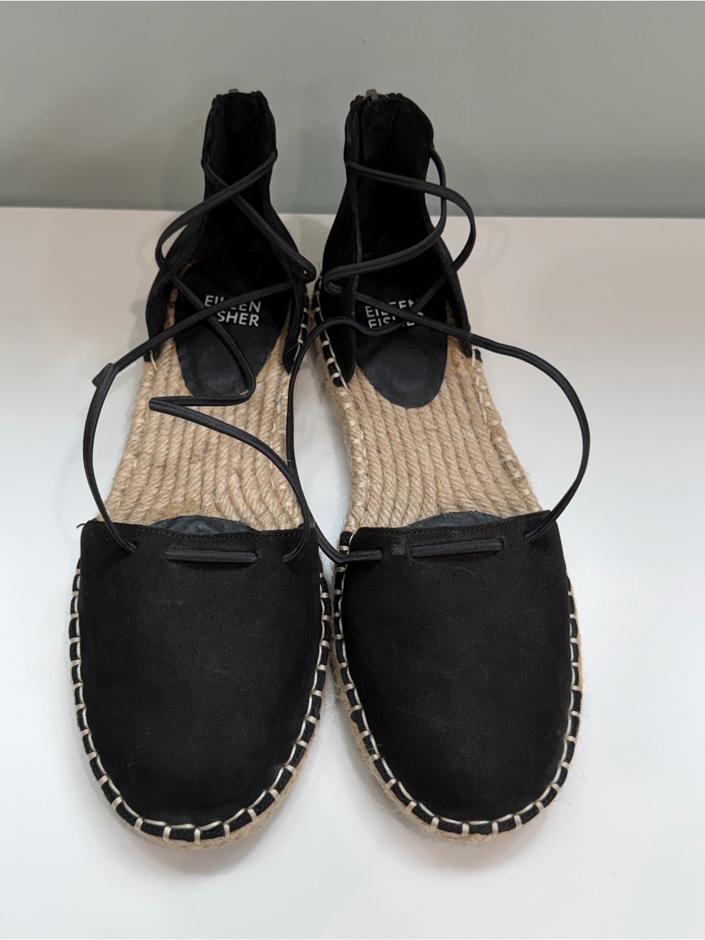 Eileen Fisher Black Lace-Up Espadrille Flats Womens 6 Ankle Wrap Boho Minimalist